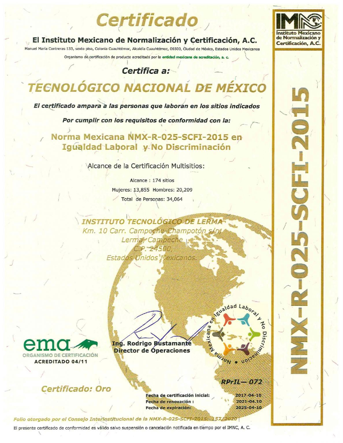 Certificado LERMA NMX R 025 SCFI 2015 Instituto Tecnológico de Lerma