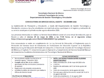 Publicamos la Convocatoria Servicio Social Ago–Dic-2026