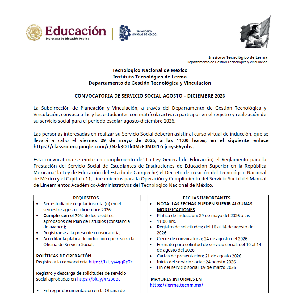Publicamos la Convocatoria Servicio Social Ago–Dic-2026