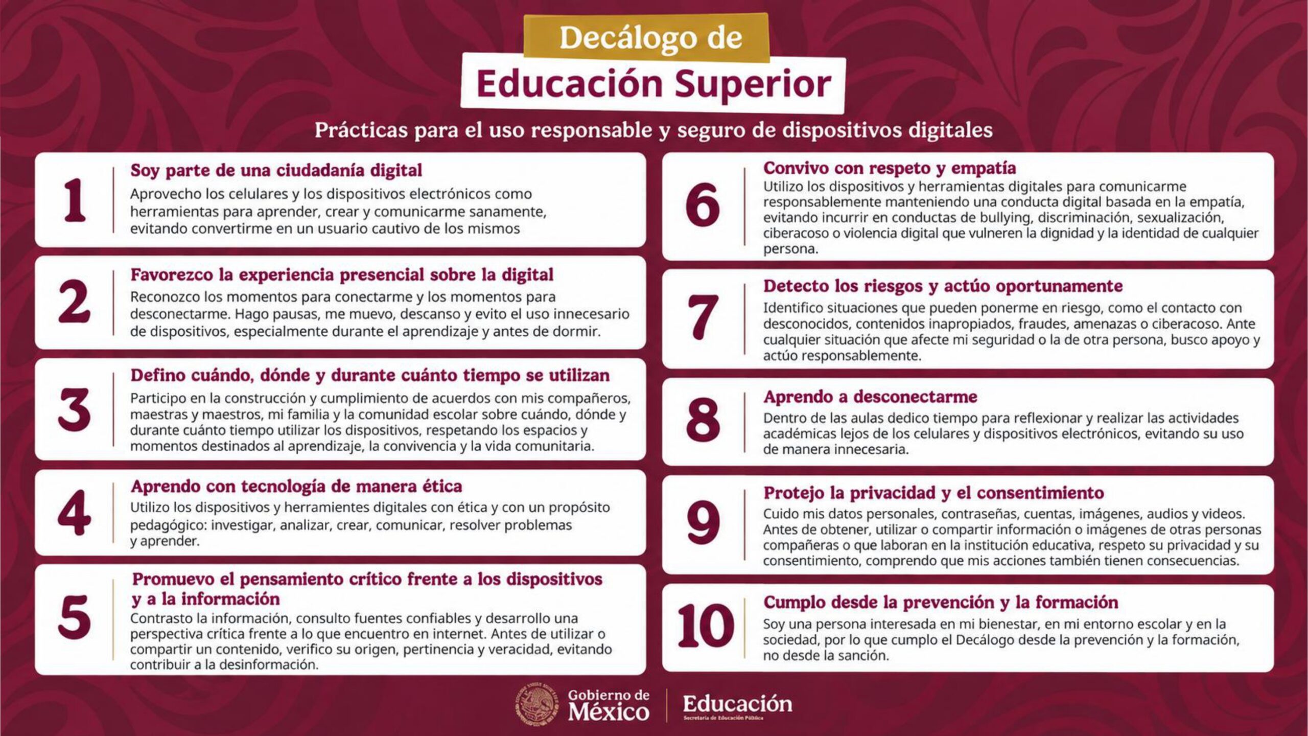 Decálogo de Educación Superior: Prácticas para el uso responsable y seguro de dispositivos digitales